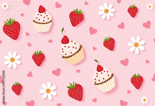 Pink Heart Pattern with Strawberries and Cupcakes: A Cute and Girly Design for Valentine's Day 