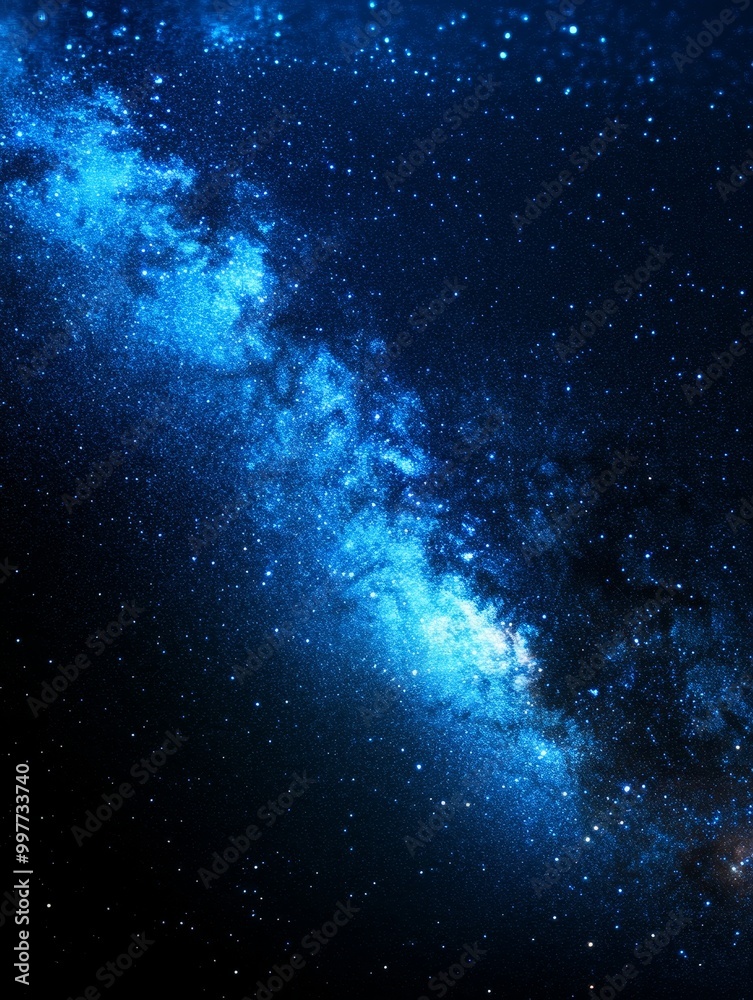 Fototapeta premium A breathtaking panorama of the Milky Way galaxy, showcasing a vibrant expanse of stars and celestial dust against a deep blue night sky. The image evokes feelings of wonder, vastness, and the beauty o