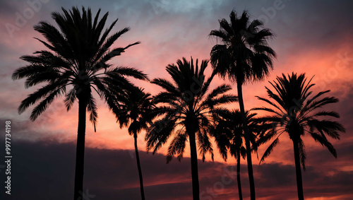 Palm trees silhouetted against a dramatic sunset sky background vertical shot