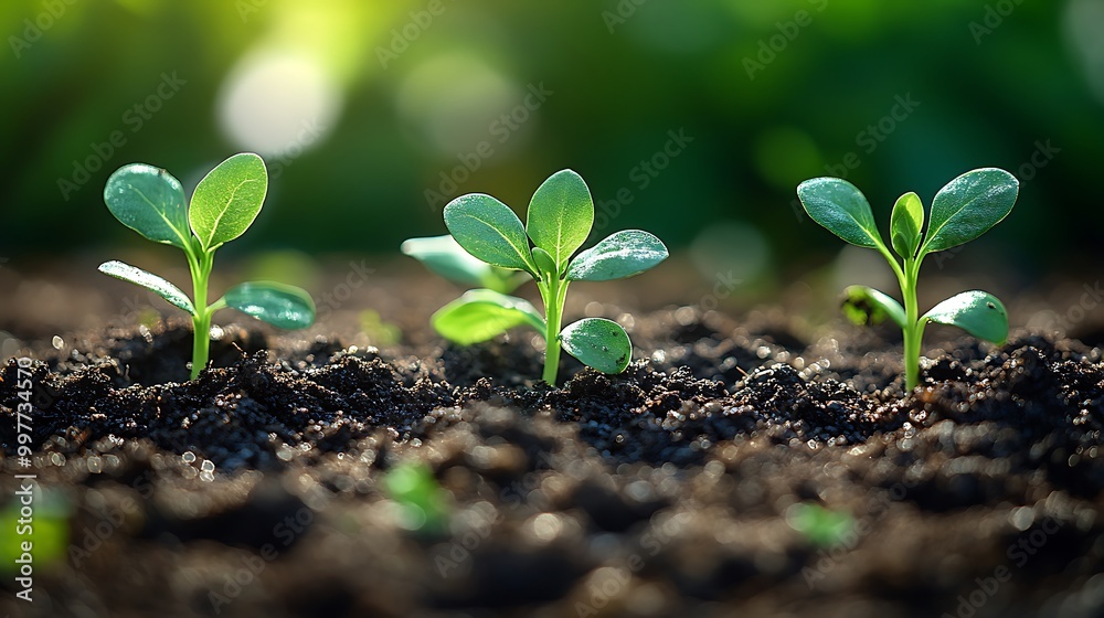 Close-up of young green sprouts emerging from moist soil, sunlight creating bright highlights on the tiny leaves, the rich earth providing contrast to the fresh growth, symbolizing new life. Close-up of young green sprouts emerging from moist soil, sunlight creating bright highlights on the tiny leaves, the rich earth providing contrast to the fresh growth, symbolizing new life.
