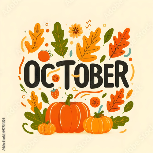 October month Logo Concept with Leaves and Pumpkins. Happy October Month Background for Graphic Resources Flat Vector Design