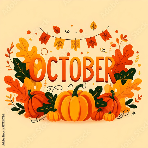October month Logo Concept with Leaves and Pumpkins. Happy October Month Background for Graphic Resources Flat Vector Design