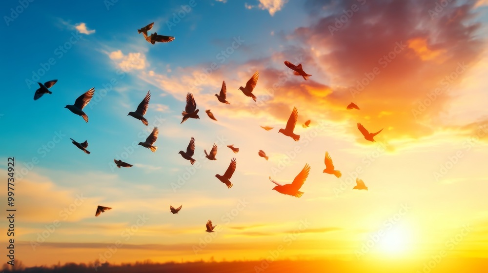 Fototapeta premium A flock of birds flying in the sky at sunset, symbolizing freedom, hope, peace, journey, and new beginnings.