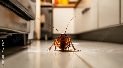 Cockroach in Kitchen Near Cabinets and Trap