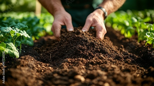 Compost being spread over rich, dark soil in a vegetable garden, hands working methodically, with rows of growing plants in the background and the sun casting soft light across the garden.