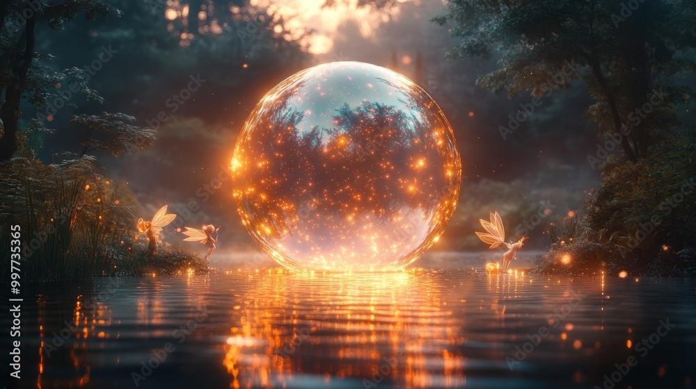 Glowing Sphere Surrounded by Fairies in a Forest Generative AI Glowing Sphere Surrounded by Fairies in a Forest Generative AI