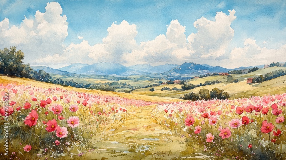 Vibrant landscape with blooming flowers and distant mountains. Vibrant landscape with blooming flowers and distant mountains.