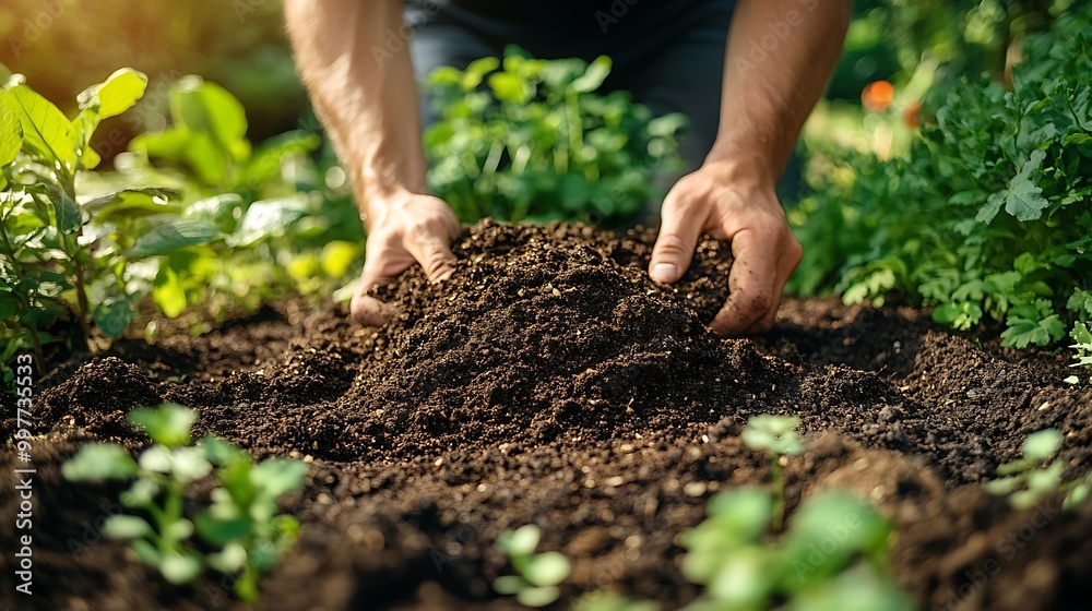 Compost being spread over soil in a well-organized garden, hands working efficiently, fresh greenery and growing plants in the background, the afternoon sun casting warm light over the scene, Compost being spread over soil in a well-organized garden, hands working efficiently, fresh greenery and growing plants in the background, the afternoon sun casting warm light over the scene,
