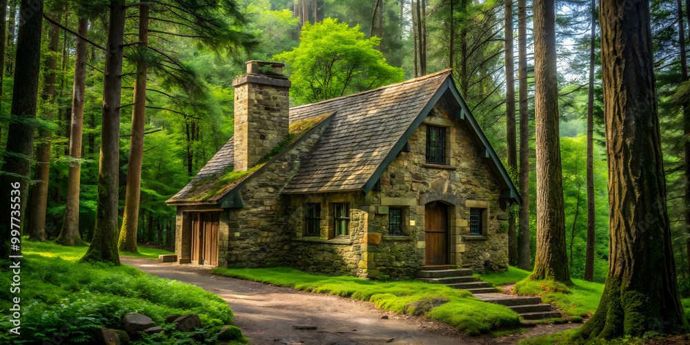 Cozy stone house nestled in the deep forest surrounded by tall trees and greenery, forest, stone house, cozy, nature Cozy stone house nestled in the deep forest surrounded by tall trees and greenery, forest, stone house, cozy, nature