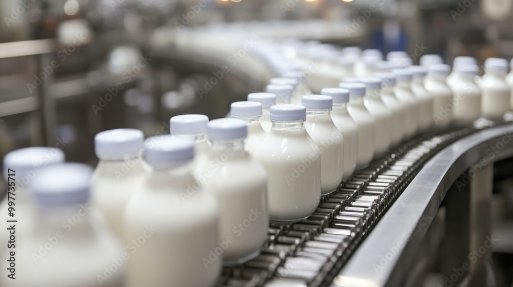 conveyor belt in a dairy factory, filled with glass or plastic bottles of milk moving through the production linear conveyor belt in a dairy factory, filled with glass or plastic bottles of milk moving through the production linear