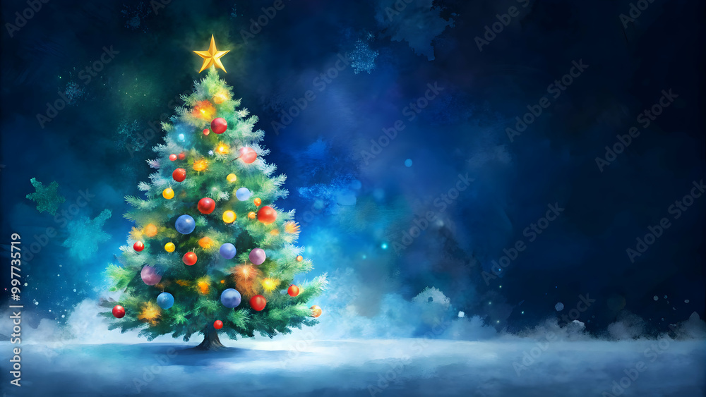 Joyful watercolor Christmas tree on dark blue background , Christmas, holiday, festive, celebration, tree, watercolor, art Joyful watercolor Christmas tree on dark blue background , Christmas, holiday, festive, celebration, tree, watercolor, art
