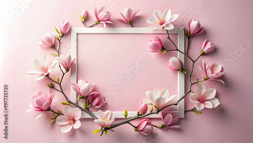 Drawn magnolia flowers on a pale pink background in a square frame, magnolia, flowers, pale pink, background, graphic