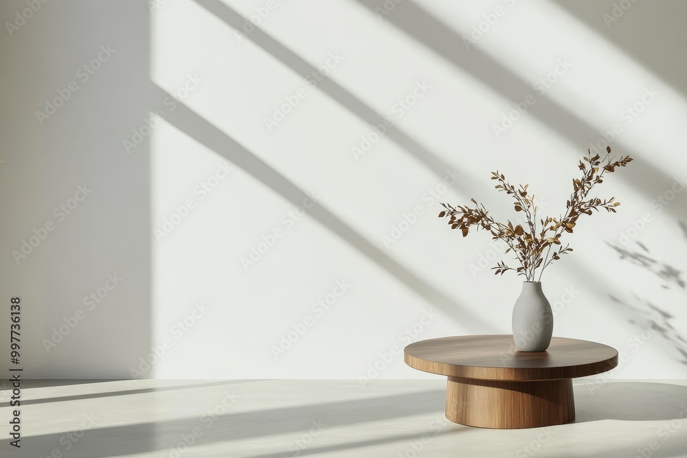 A minimalist living room featuring a wooden coffee table with a gray vase of dried flowers, bathed in natural sunlight streaming through a window. The space evokes simplicity, tranquility, and elegan A minimalist living room featuring a wooden coffee table with a gray vase of dried flowers, bathed in natural sunlight streaming through a window. The space evokes simplicity, tranquility, and elegan