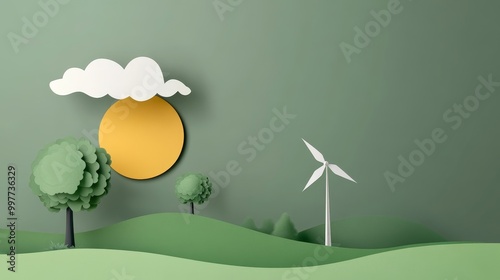 A paper cut illustration of a wind turbine, trees, and a sun in a green landscape. The scene represents the potential for a clean energy future.