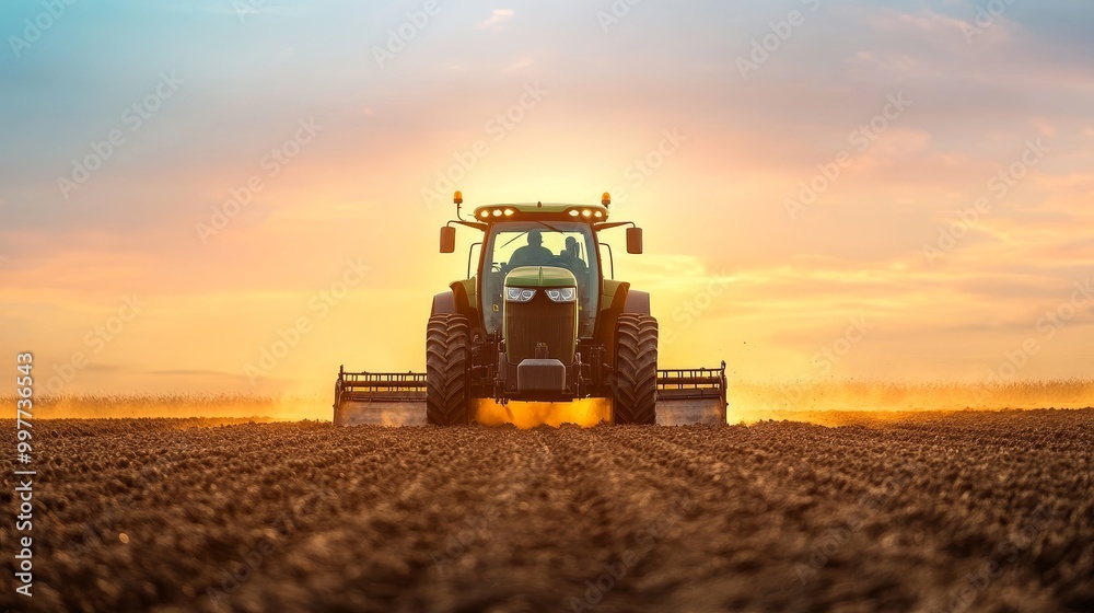 Fototapeta premium A powerful tractor plows a field at sunrise, symbolizing hard work, productivity, new beginnings, and the beauty of nature.