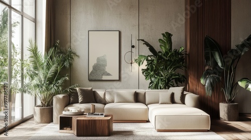 Modern living room with a neutral-toned sofa and potted green plants adding a fresh, natural touch to the decor.