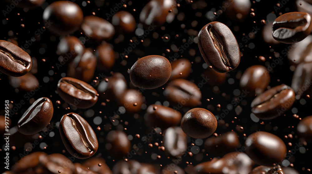 A close-up of coffee beans in the air A close-up of coffee beans in the air