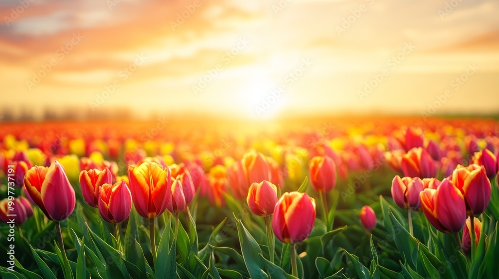 A stunning field of vibrant tulips basking in the golden glow of a sunset. The scene symbolizes beauty, growth, renewal, and the vibrant hues of nature. A stunning field of vibrant tulips basking in the golden glow of a sunset. The scene symbolizes beauty, growth, renewal, and the vibrant hues of nature.