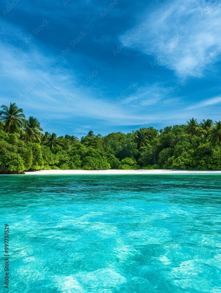 A tranquil turquoise lagoon with crystal clear water, surrounded by lush green tropical foliage and a white sandy beach, under a bright blue sky with fluffy clouds. A tranquil turquoise lagoon with crystal clear water, surrounded by lush green tropical foliage and a white sandy beach, under a bright blue sky with fluffy clouds.