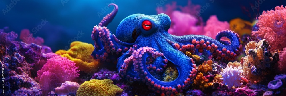 A vibrant blue octopus with red eyes hides amongst a colorful coral reef, symbolizing the beauty and mystery of the ocean, camouflage, marine life, underwater world, and cephalopods. A vibrant blue octopus with red eyes hides amongst a colorful coral reef, symbolizing the beauty and mystery of the ocean, camouflage, marine life, underwater world, and cephalopods.