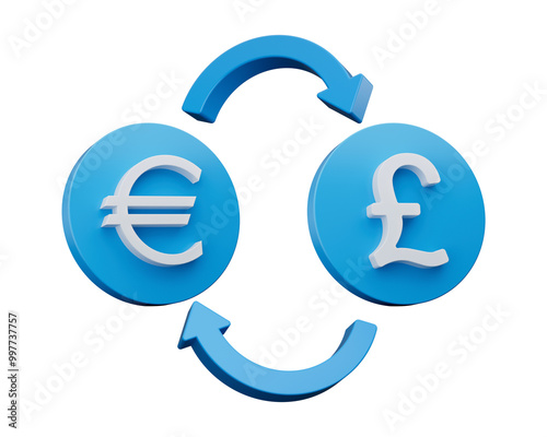 3d White Euro and Lira Symbol On Rounded Blue Icons with arrows, 3d illustration
 photo