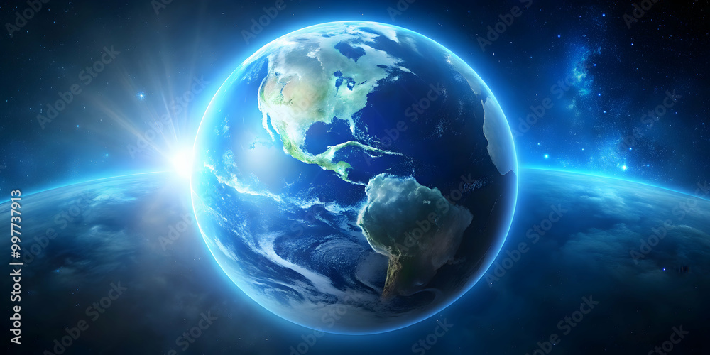 Fototapeta premium Blue planet earth shining in space, earth, blue, planet, space, globe, world, atmosphere, universe, nature