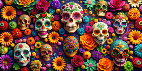 Colorful Day of the Dead celebration background with sugar skulls and flowers, sugar skulls, flowers, colorful