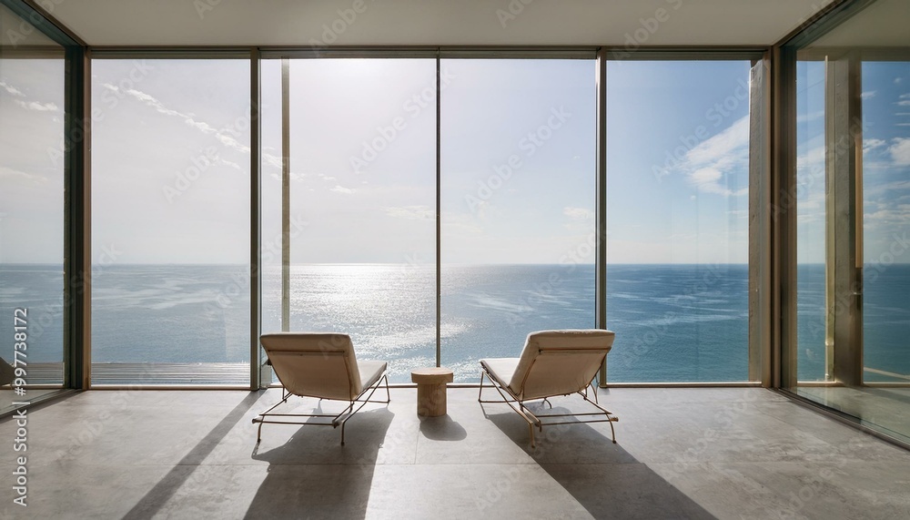 Fototapeta premium a modern, minimalist interior space featuring two lounge chairs positioned in front of a large glass window. The window offers a panoramic view of the ocean, with calm waters extending to the horizon.