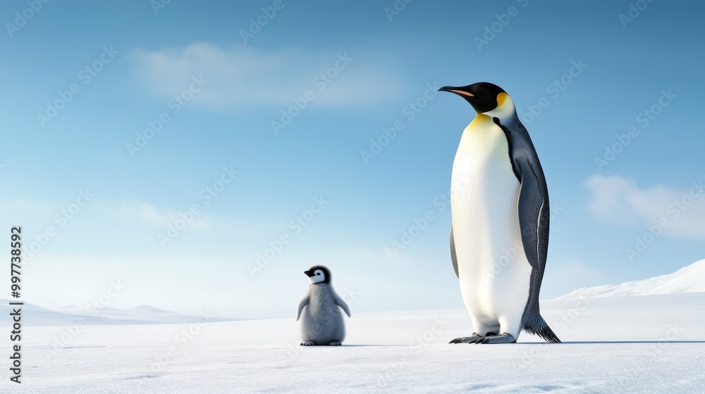 Fototapeta premium An adult emperor penguin stands proudly with its small chick in the vast Antarctic landscape, symbolizing family, protection, and the harsh yet beautiful environment.
