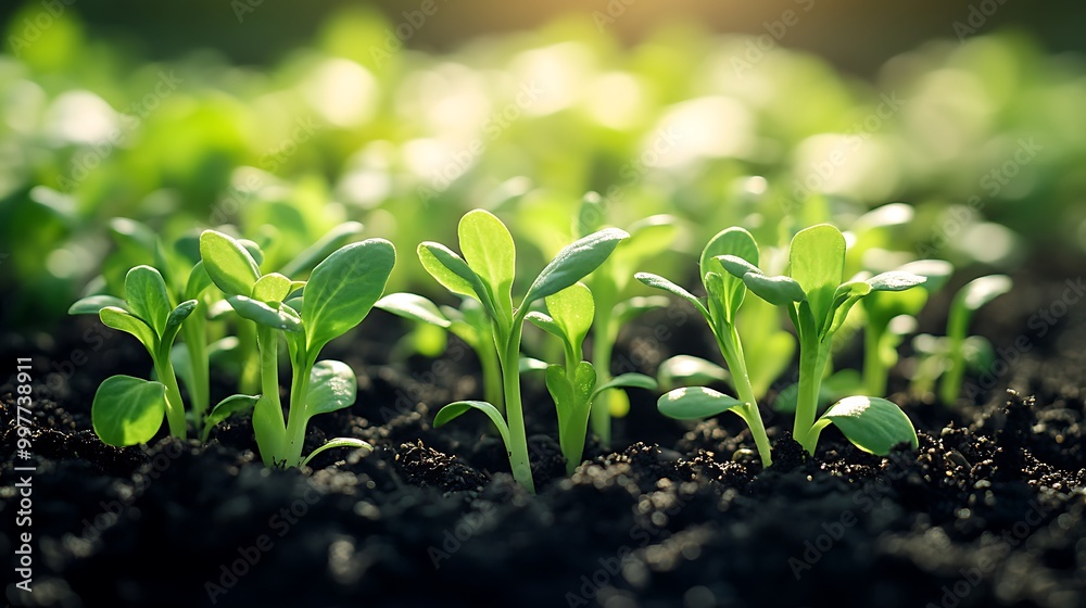 Fresh green sprouts pushing through dark soil, bathed in warm sunlight, with soft shadows creating depth, a close-up view capturing the beauty of new growth in the garden.  --ar 16:9 --no logo