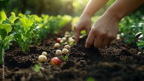 Freshly planted bulbs in soft, dark soil, hands gently brushing away excess dirt, sunlight streaming through, creating shadows on the vibrant garden bed, a peaceful early morning scene. photo