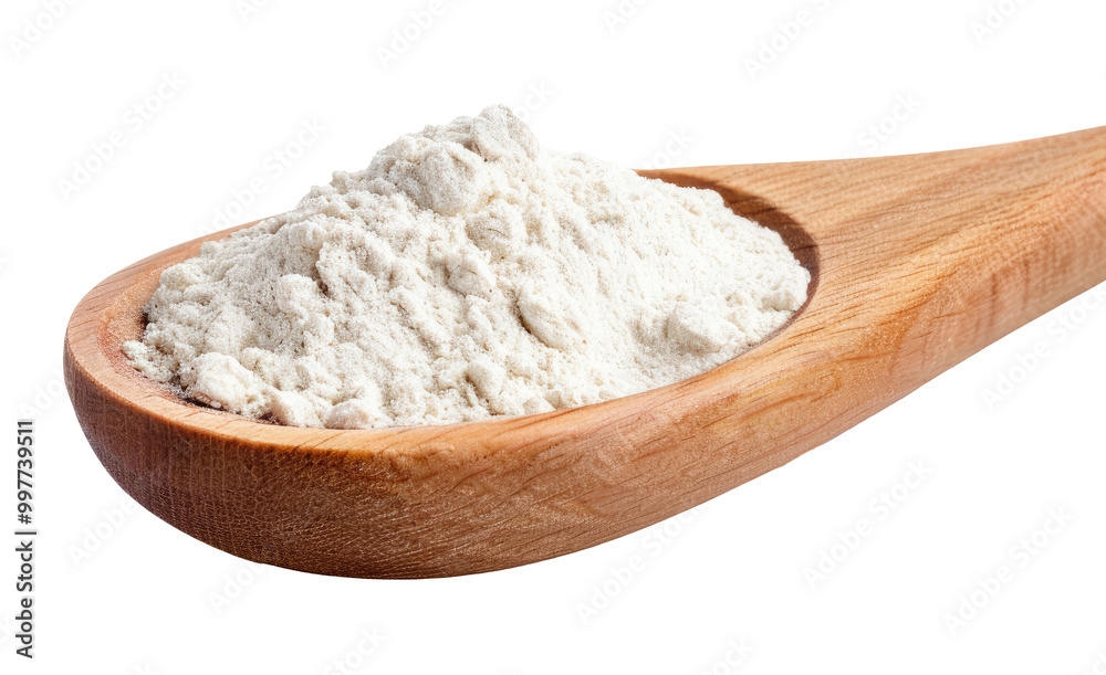 Wooden spoon with wheat flour isolated on transparent background