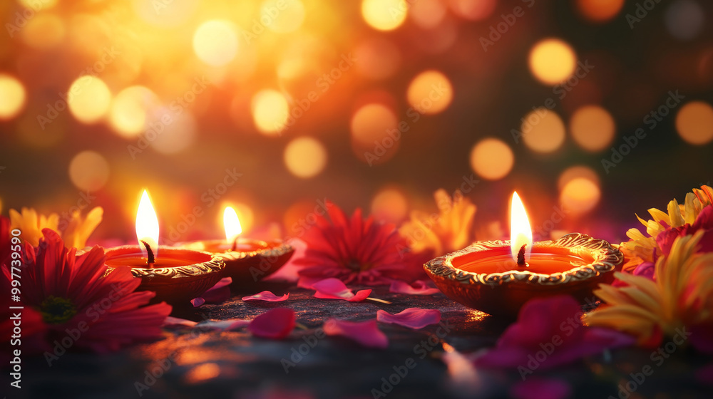 Diwali Diya Oil Lamps with Flowers and Bokeh Lights, symbolizing light, hope, prosperity, celebration, and tradition. Diwali Diya Oil Lamps with Flowers and Bokeh Lights, symbolizing light, hope, prosperity, celebration, and tradition.