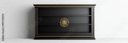 Elegant Black and Gold Wooden Bookshelf with Ornate Detail, a luxurious and sophisticated piece of furniture that adds a touch of class to any room. It features a black finish, gold accents, and ornat photo