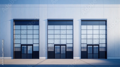 Modern warehouse exterior, silver color, large windows with black frames, isolated background