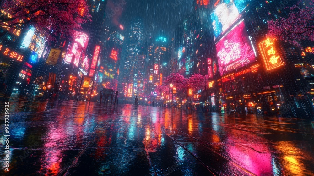 Cyberpunk City Street at Night in Neon Rain Generative AI Cyberpunk City Street at Night in Neon Rain Generative AI