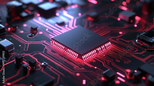 Futuristic Circuit Board with Glowing Red and Pink Processor, symbolizing technology, innovation, data processing, connectivity, and power.