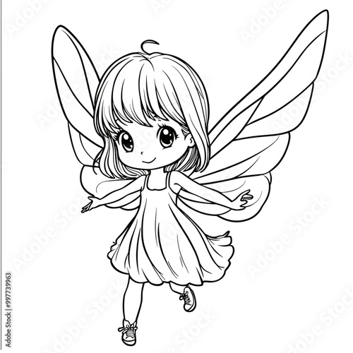 Cute kawaii fairy with sparkling wings flying coloring page for kids