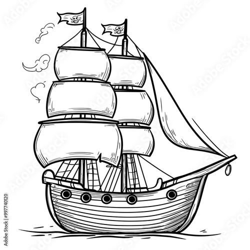 Cute kawaii pirate ship coloring page for kids