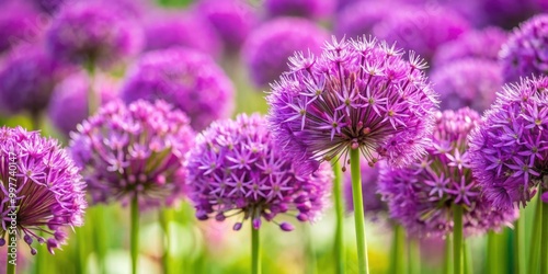 Close-up detailed shot of vibrant purple Allium flowers in full bloom, Allium, flowers, close-up, macro, nature, bloom, purple