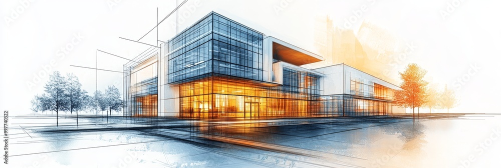 Modern Architectural Sketch of a Building Design showcasing contemporary design, glass facade, urban landscape, and a blend of architectural lines and watercolor elements. Modern Architectural Sketch of a Building Design showcasing contemporary design, glass facade, urban landscape, and a blend of architectural lines and watercolor elements.