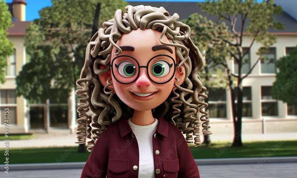 Vibrant 3D Animated Character with Curly Hair and Glasses in a Outdoor Urban Setting Vibrant 3D Animated Character with Curly Hair and Glasses in a Outdoor Urban Setting