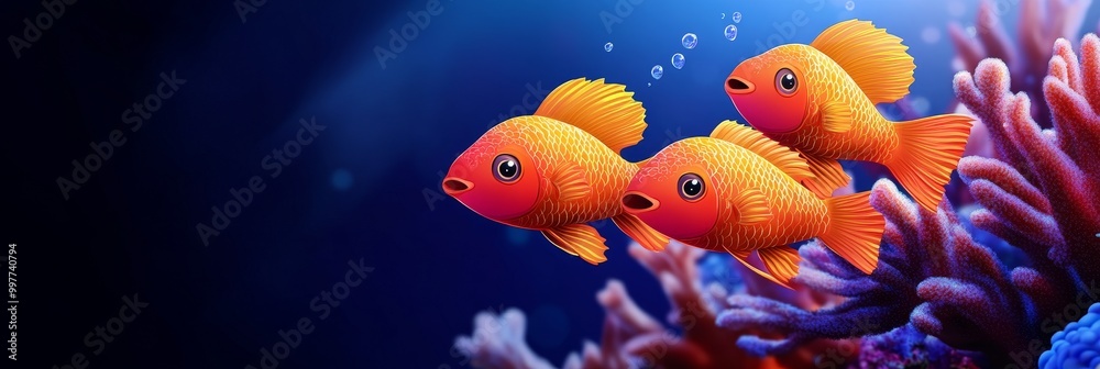 Fototapeta premium Three cheerful cartoon fish swim together in a vibrant coral reef, symbolizing friendship, underwater life, joy, ocean, and colorful nature.
