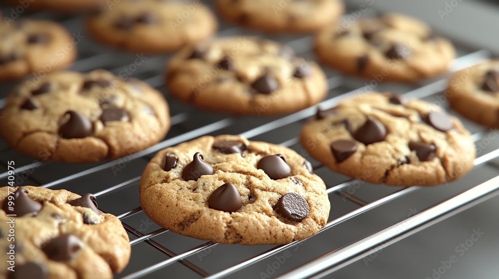 Freshly baked chocolate chip cookies cooling on a wire rack. Freshly baked chocolate chip cookies cooling on a wire rack.
