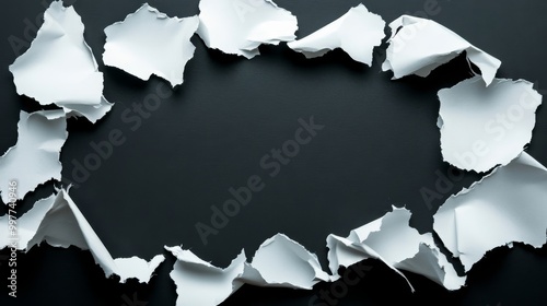 Torn Paper Frame on Black Background, a minimal and abstract image with a white paper frame torn from the black background, creating copy space and representing concepts such as reveal, break, destruc photo