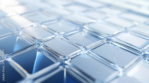 close up view of transparent solar cell surface  showcasing its intricate grid pattern and reflective qualities. design emphasizes modern technology and innovation