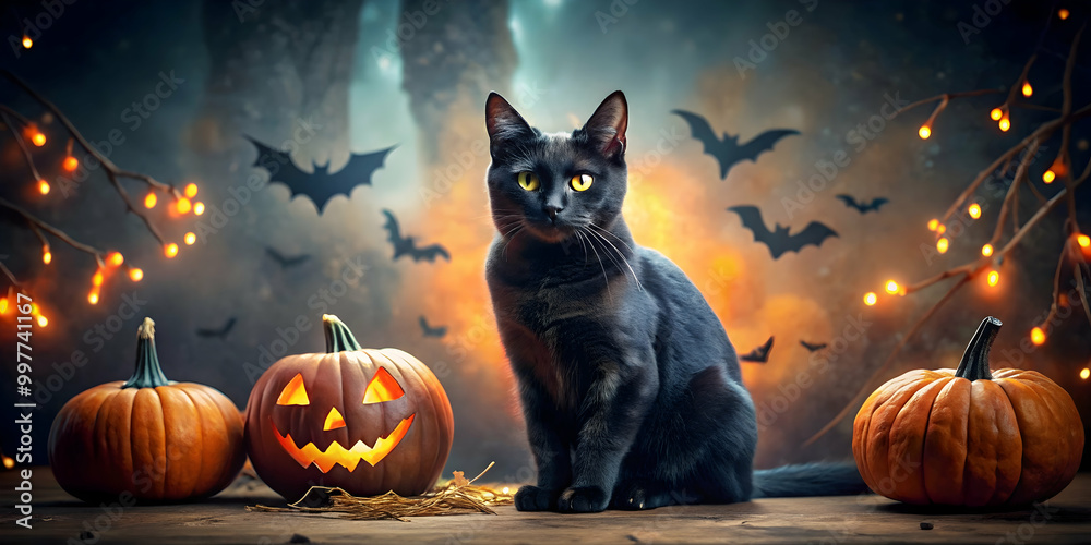 A black cat with glowing eyes standing in a spooky Halloween setting with pumpkins and bats , cat, Halloween, black A black cat with glowing eyes standing in a spooky Halloween setting with pumpkins and bats , cat, Halloween, black