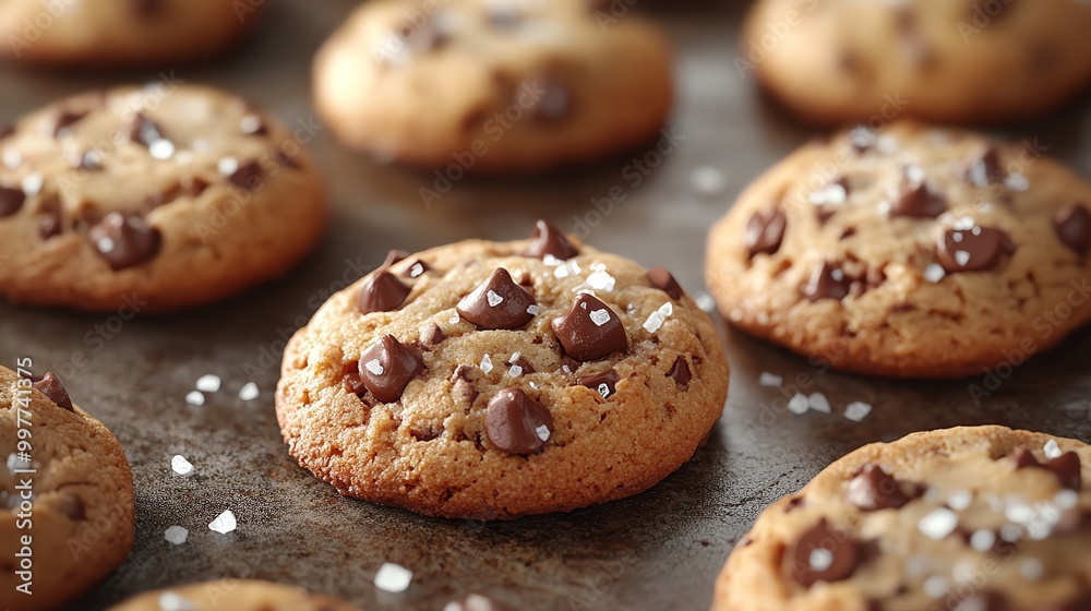 Close-up of freshly baked chocolate chip cookies with sea salt on a baking sheet. Close-up of freshly baked chocolate chip cookies with sea salt on a baking sheet.