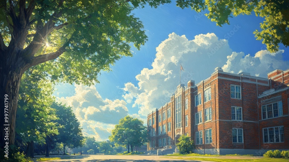 Obraz premium Sunlit Historic School Building Generative AI