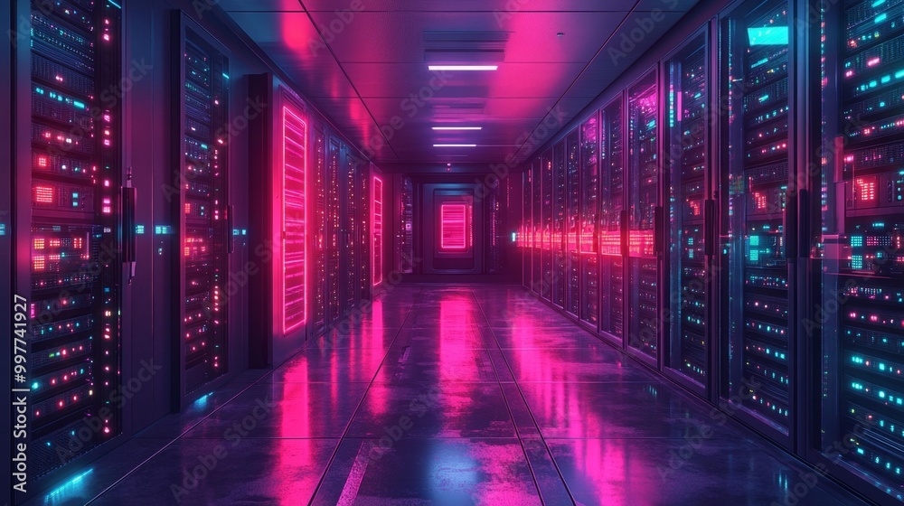 Fototapeta premium Neon-Lit Data Server Room Generative AI